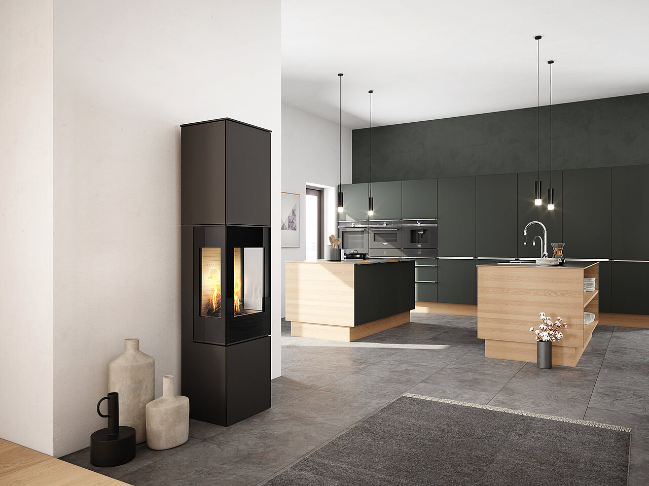 Moderner Gaskamin Nexo 185 von Attika in Schwarz, raumhoch als markanter Eck-Kamin in einer minimalistischen Design-Küche mit Kochinsel installiert.